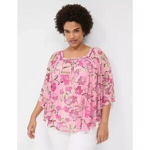 Lane Bryant Floral Square Neck Top Blouse 18/20 Pink Stretch Mesh Romantic Flowy